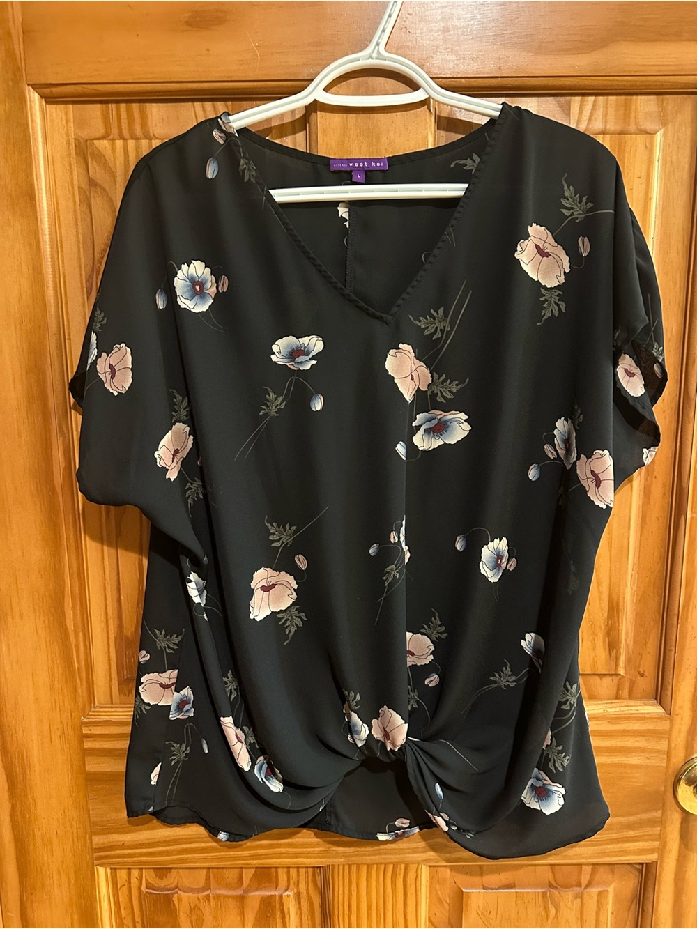 West Kei Black Floral V-Neck Knot Front Blouse